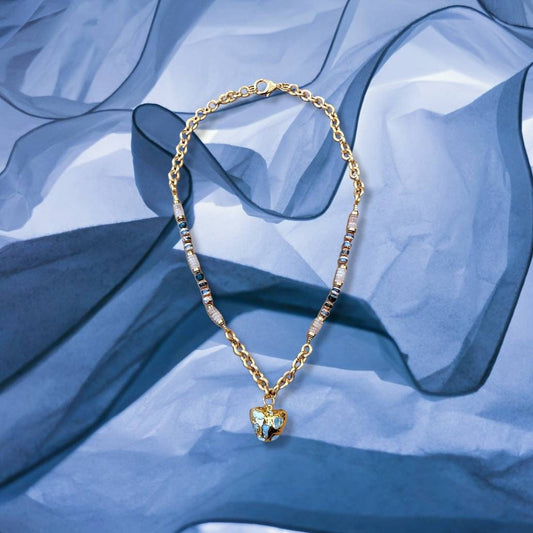 NEPTUNE - Sautoir en Pierre Naturelle - Larimar Heart Necklace with Natural Tibetan Dzi Agate Stones, Rose Quartz - 18k Gold Plated Chains