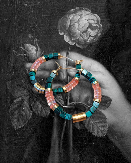 JUPITER - Semi Precious Earrings with Natural Malachite and Rose Quartz Beads