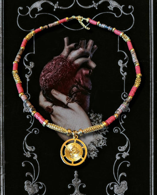 SERPENT - Necklace with natural Rhodonite Stones and Gold Plated Snake Pendant